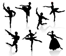 Silhouettes of ballerinas and dancer in movement