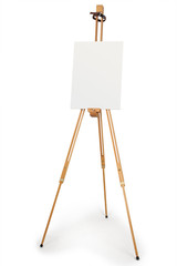 wooden artist easel with blank canvas isolated on white