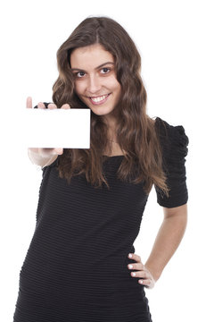 woman holds an empty card