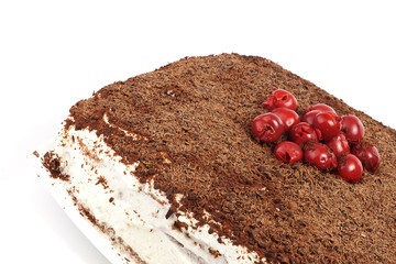 homemade cram cake with chocolate and cherries