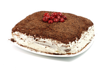 homemade cram cake with chocolate and cherries