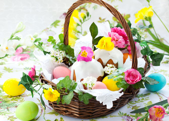Basket with easter eggs and cake