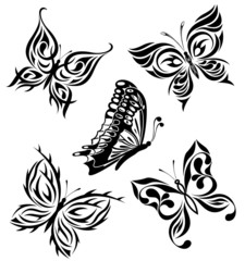 Set  black white butterflies of a tattoo