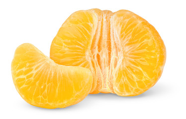 Isolated tangerine. Half of peeled tangerine or orange fruit isolated on white background