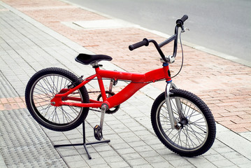 Fototapeta premium Bicicleta roja y negra en ciclo vía- Black red bicycle and in cy