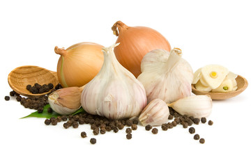 garlic, onion and pepper isolated on white