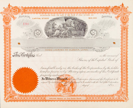 U.S. Mining Co Stock Certificate Eureka Utah 1898