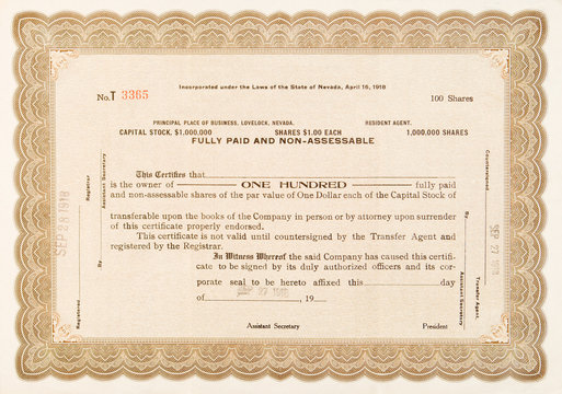 Old Stock Certificate Lovelock, Nevada 1918