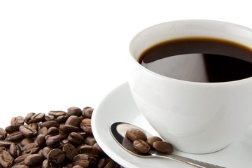 cup of coffee and beans isolated on white