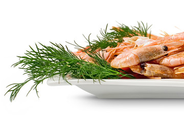 Boiled shrimp in a white plate
