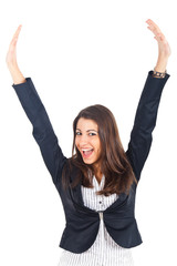 Businesswoman with joyful hands raised in the air