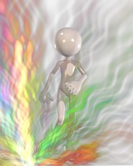 3D Figur geht durch farbige Lichtstrahlen