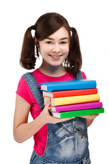 Girl holding books isolated on white background