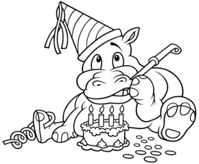 Hippo and Cake - Black and White Cartoon illustration