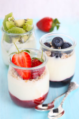Natural yogurt with jam and fresh berries (strawberry, blueberr