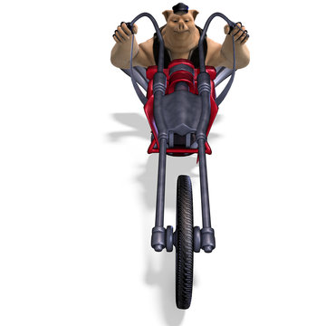 toon animal big pig as a biker. 3D rendering with clipping path