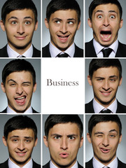 Collage group picture of many business man facial expressions. b