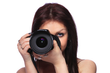 Woman with DSLR isolated