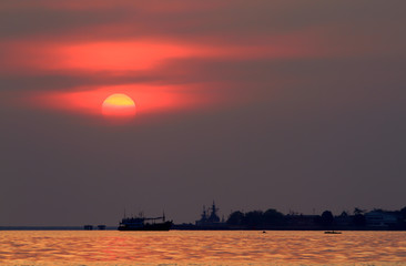 sailing boat sunset at beach
