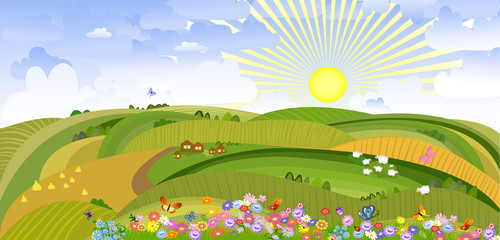 Naklejka premium landscape with houses and sheep