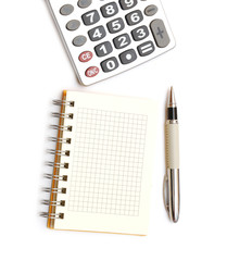 Pen, calculator and notepad