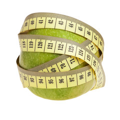 Apple wrapped with measurement tape over white background.