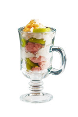Fruit mix with kiwi, pear and ice-cream over white. Powerclip