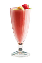 Milk cocktail with strawberry and banana over white. Powerclip.