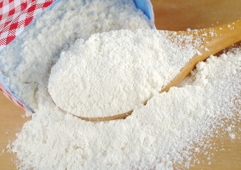Wheat flour on wooden spoon