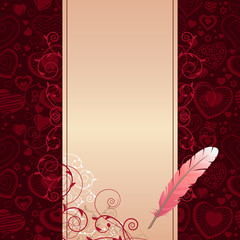 Pink feather and beige scroll on dark background with hearts