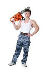 Strong man with chainsaw