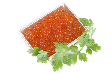 Red caviar of a salmon on the white