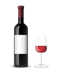 Photo-realistic illustration of bottle and glass of red wine.