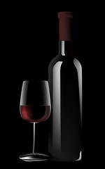 Glass and bottle of red wine on black background.