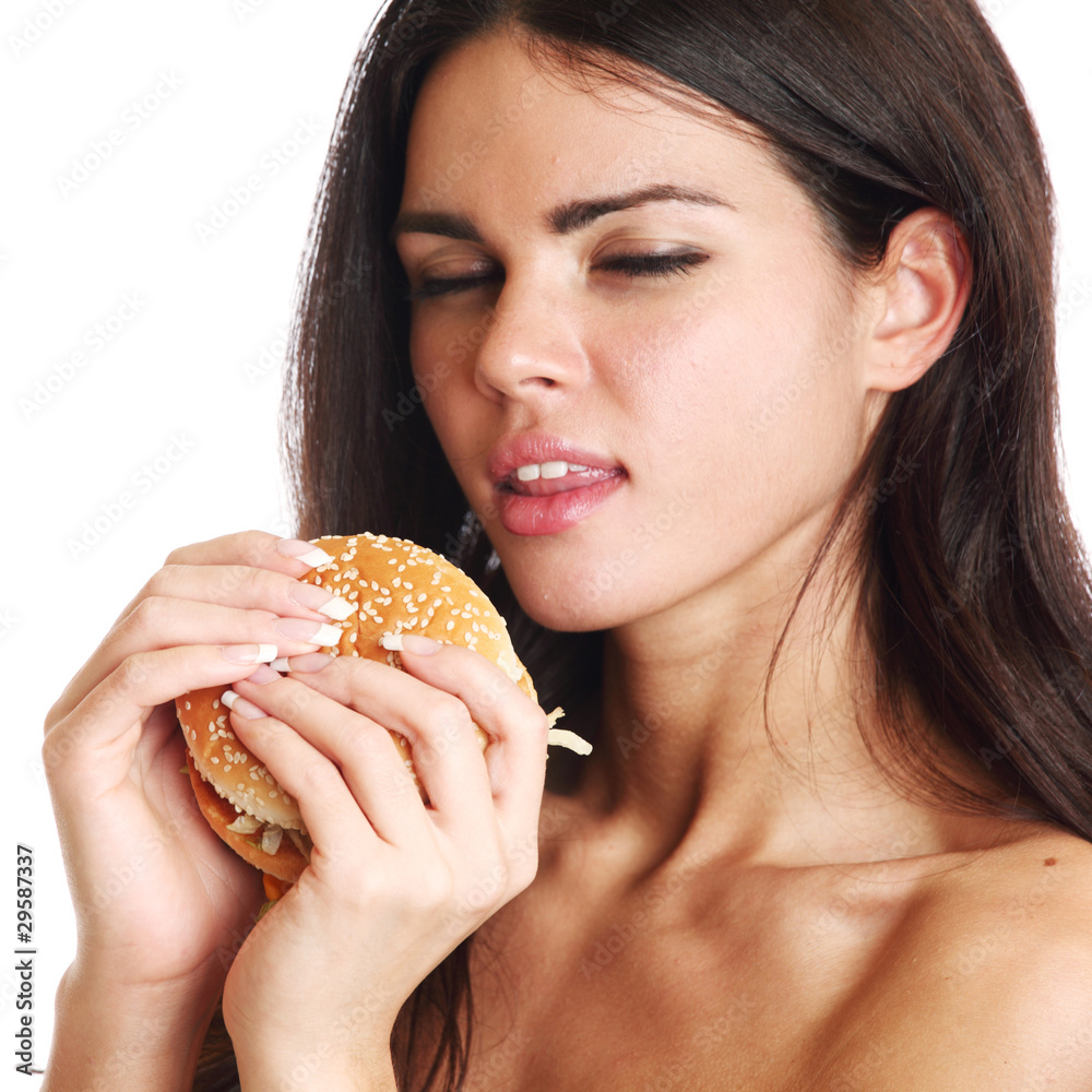 Wall mural woman eat burger