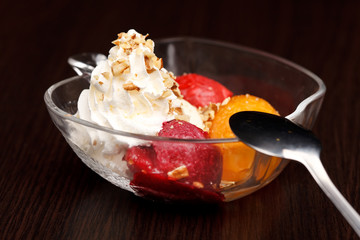 fruits sorbet with vanilla ice cream