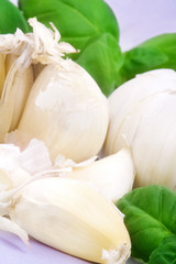 Garlic and basil, macro. Still life.