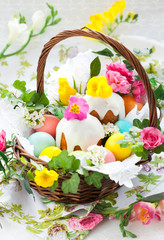 Basket with easter eggs and cake