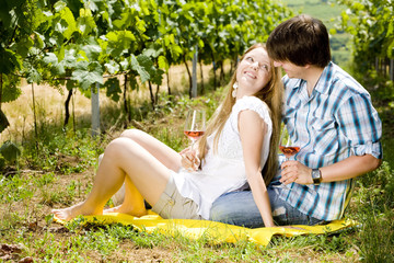 couple at a picnic in vineyard