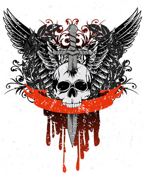 Vector image skull with wings, patterns and ribbon