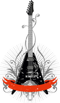 Vector image guitar with pattern and red ribbon