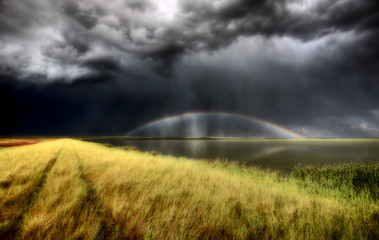 Fototapeta na wymiar Storm clouds and rainbow over Chaplin Lake Marshes