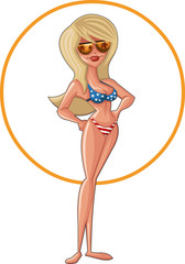 Beautiful cartoon american woman with sunglasses wearing bikini