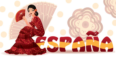 Spanish girl with fan in style flamenco. vector illustration