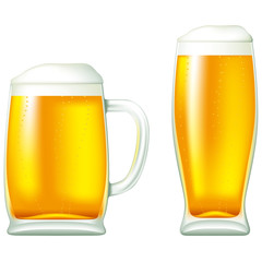 Two potions of light beer -- mug and glass.