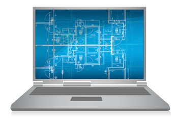 laptop with abstract architectural blueprint
