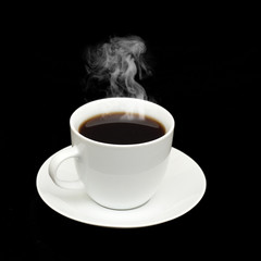 White cup with white smoke isolated on black background