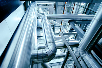 Obraz premium Industrial zone, Steel pipelines in blue tones