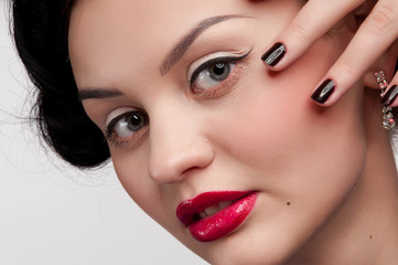 Closeup beautiful emotional glamour woman with red lips. Vogue