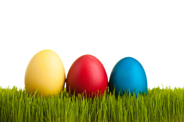 Fototapeta na wymiar Easter eggs on green grass on white isolated backgr